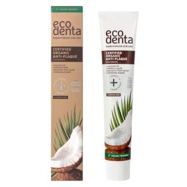 Pasta de dientes Ecodenta sin flúor, antiplaca, pasta de dientes orgánica certificada, 75ml con ingredientes naturales - aceite de coco, jugo de aloe vera, xilitol, aceite esencial de menta