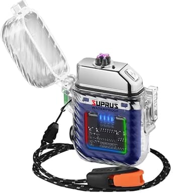 SUPRUS Encendedor luminoso de 3 modos de linterna, resistente al viento, resistente al agua, mecheros eléctricos, recargable, de plasma de doble arco, con silbato de emergencia de supervivencia y