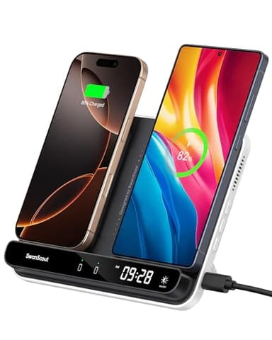 Doble Cargador Inalámbrico para 2 Telefonos, Estación de Carga para iPhone Air/17 Pro/17 Pro Max/17/16/15/14/13/12, Samsung Galaxy S25/S24/S23/S22/S21, Pixel 9/8, AirPods/Galaxy Buds, SwanScout 504