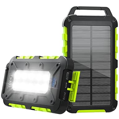 Cargador Solar 10000 mAh Power Bank Solar, Bateria Externa con Carga Rápida 15 W Impermeable IPX4 2 Puertos USB + Linterna LED Compatible con Smartphones Tablets Camping y Emergencias Verde