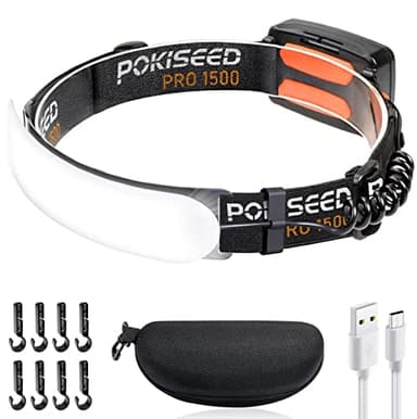 POKISEED Linterna Frontal LED Recargable 1500 Lúmenes, Linterna Cabeza USB-C 5000 mAh, Haz Ancho 230°, 3 Modos, IPX6 Impermeable, Ligera, Clips para Casco, para Correr, Camping, Caza, Pesca y Trabajo