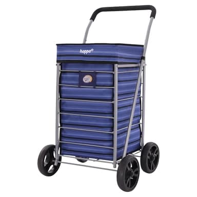Hoppa Carrito de la compra plegable ligero de 4 ruedas, modelo 2024, extragrande, capacidad de 75,6 L, 95 cm, 4,8 kg, empujar y tirar (rayas azules)
