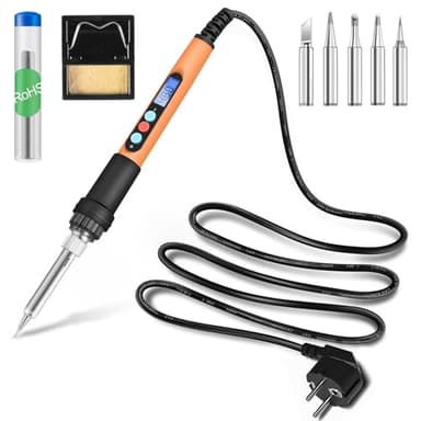 HANDSKIT soldador de estaño, kit de soldadura 90W, kit 8 en 1 soldador profesional con temperatura ajustable 180-480 °C, pantalla LCD, 5 puntas, alambre de soldadura y soporte