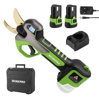 WORKPRO Tijeras de Podar Electricas de 12V, con Motor sin Escobillas, Podadora Eléctrica con Pantalla, Tijeras de Podar Bateria, con 2 Baterías de 2,0 Ah, para Jardines, Ramas y Árboles Frutales