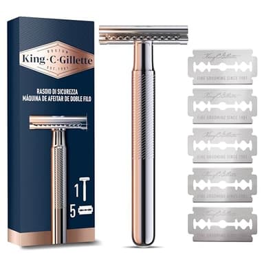 King C. Gillette Maquinilla De Afeitar De Doble Filo Para Hombre Con Mango De Metal De Larga Duración Y Revestimiento Antifricción, Con 5 Cuchillas De Recambio, Afeitado Clásico Manual