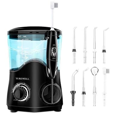 TUREWELL Irrigador Dental, Irrigador Bucal Professionale con 8 Boquillas Multifuncionales, Capacidad de 600ml, 10 Ajustes de Presión del agua, Limpieza Dientes Negro