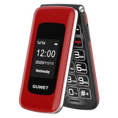 Guwet 2G Teléfono Móvil para Personas Mayores, Móvil con Tapa, Botón SOS, Batería de 1600 mAh, 2.4"+1.77" Doble Pantalla, Doble SIM con Doble Standby, Color Rojo.