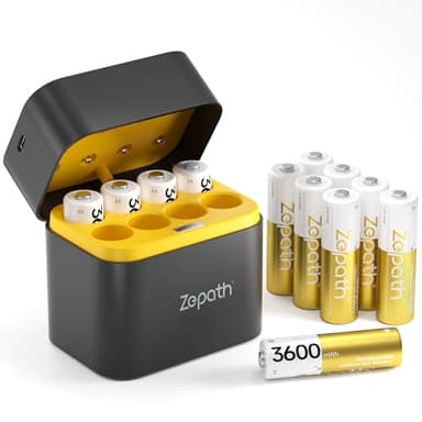 Zepath Pilas Recargable AA de Litio con Cargador, 3600mWh Capacidad Alta Paquete de 12 Salida Constante de 1,5 V Pilas AA Recargables, Portátil Pilas Recargables para Ratón,Gamepad, Cámara
