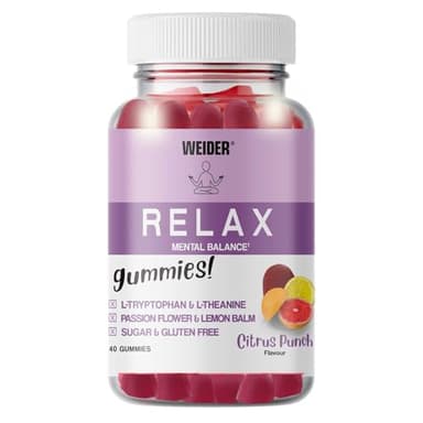 Weider Relax Gummies (40 Gominolas) Sabor Citrus Punch. Gominolas con L-Teanina, L-Triptófano, extractos de Pasiflora y Melisa, Vitamina B6, para ayudar a la relajación. Sin Azúcar. Sin Gluten.
