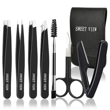SWEET VIEW 7 Piezas pinzas depilar, pinzas depilar profesionales para facial,cejas (Negro)
