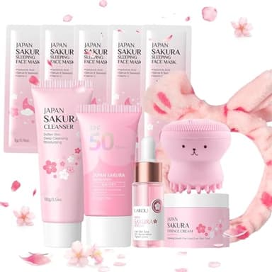Set de Cuidado Facial Sakura 11 Piezas,Skincare kit con Cinta para el pelo,Cepillo facial,Limpiador,Protector solar 50,Esencia,Crema,Mascarilla facial 5,para Adolescentes y Mujeres