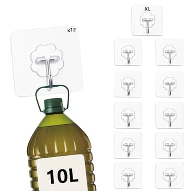 YEibi 12 Ganchos Adhesivos XL para Pared, Colgadores Resistentes de Acero Inoxidable Hasta 10kg, Adhesivo Fuerte sin Taladro, Autoadhesivos Para Baño, Cocina y Hogar