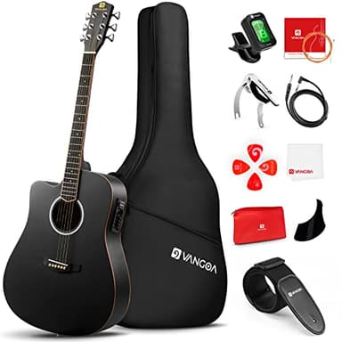 Vangoa Guitarra electroacústica 4/4, tamaño completo de 41 pulgadas con ecualizador de 4 bandas, kits para principiantes, juego de iniciación zurdo negro