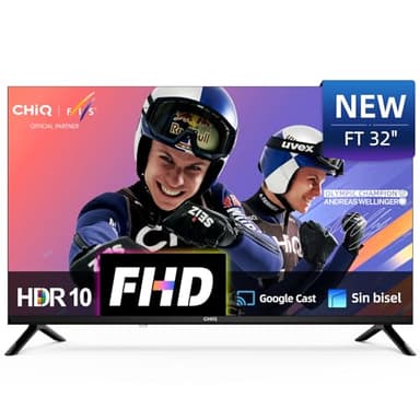 CHiQ LF32FT Smart TV 32" (80 cm), Full HD, HDR10, Google TV OS, Dolby Audio, Sintonizador DVB-C/T/T2/S/S2, Chromecast Integrado, Diseño Metal Sin Marco