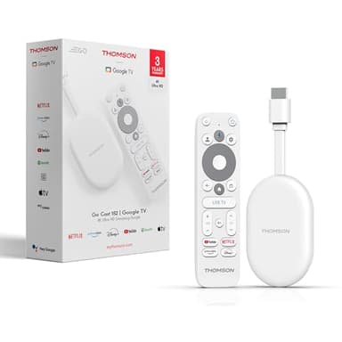 Thomson Go Cast 152 Dongle de Streaming, 4K UHD Google TV, Control por Voz, Google Cast, Dolby Atmos, Dolby Digital+, HDR10, Portátil, 2 GB RAM, 32 GB Memoria – Blanco