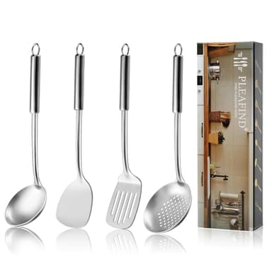 4P set utensilios de cocina, set acero inoxidable, utensilios de cocina y espumadera, espatula, cucharones y volteador ranurado
