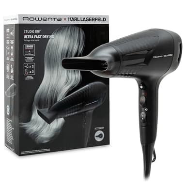 Rowenta x Karl Lagerfeld Studio Dry - Secador de pelo, 2300 W Eficiencia, 2100 W Consumo de energía, Tecnología Effiwatts, 6 ajustes de temperatura, Thermocontrol, Negro, CV581L