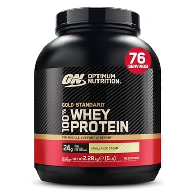 Optimum Nutrition Gold Standard 100% Whey, Proteína en Polvo, Sabor Helado de Vainilla, 2.28kg, 76 Servicios, Paquete Puede Variar