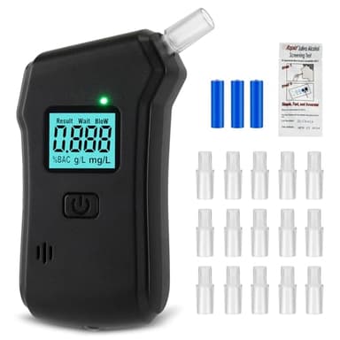 Alcoholimetro Homologado DGT Alcolimetro Alcoholímetro Alcolimetros Homologados España Test Alcoholemia Etilometro Alcohol Portátil con Test de Alcohol en Saliva, 15 Boquillas, Pantalla LCD Digital