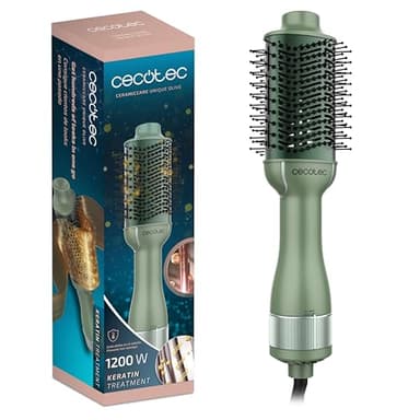 Cecotec Cepillo de Aire Voluminizador CeramicCare Unique Olive. 1200W, Desenreda, Seca, Da Volumen, Alisa y Ondula, Revestimiento Cerámico con Queratina y Aceite de Argán, 3 Modos
