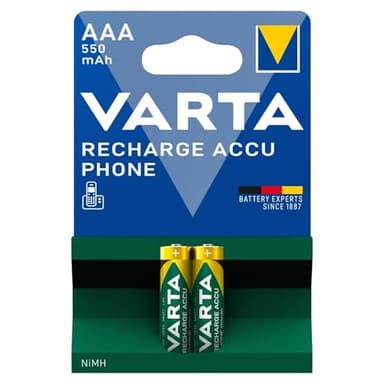VARTA Pilas AAA, recargables, paquete de 2, Recharge Accu Phone, batería recargable, 800 mAh Ni-MH, listas para usar, aptas para teléfonos inalámbricos