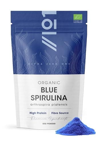 Espirulina azul orgánica en polvo 50g – 100% ficocianina natural para batidos – Colorante alimentario y ingrediente azul vibrante – Rico en proteínas – Bolsa resellable y reciclable de Alpha01