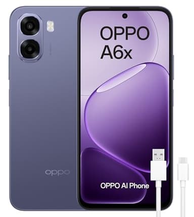 OPPO A6x 4G - Smartphone Libre con IA, 4GB RAM+128GB, Batería 6100 mAh, Pantalla LCD HD+ 120Hz, IP64, Cámara 13MP, Dual SIM, Versión Española - Morado