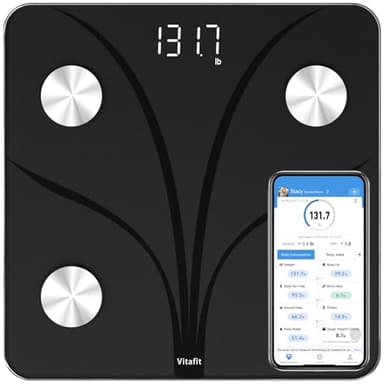 Vitafit Báscula Grasa Corporal, Pesaje de Fábrica Profesional desde 2001, Bascula de Baño Digital Sincronización de App 13 composición corporal que Incluye IMC, Grasa Corporal y Muscular, 182kg Negro
