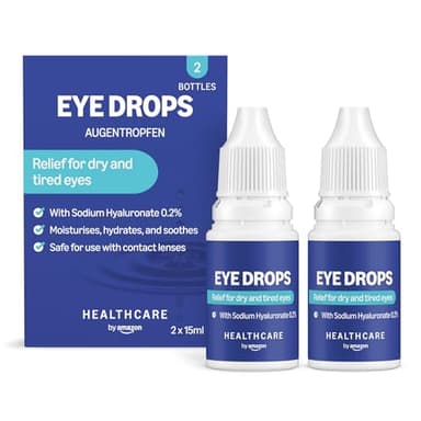 Healthcare by Amazon Colirio ocular con hialuronato de sodio al 0.2 %, 15 ml (Paquete de 2) (Anteriormente una Marca de Amazon Basic Care, el Mismo Producto)