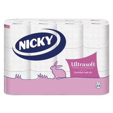 Nicky Ultrasoft Papel Higiénico - Paquete de 24 Rollos, 140 Hojas de 2 Capas, Delicado Aroma a Talco, Dermatológicamente Testado, Embalaje Reciclable, Celulosa 100% Pura, con Certificación FSC
