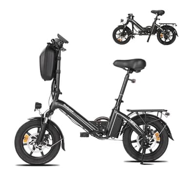 Bodywel T16PRO Bicicleta Eléctrica Plegable, 14" Mini E-Bike, 4.5 Pulgadas Pantalla LED, Batería 36V/7.8Ah, Frenos de Doble Disco y Suspensión Delantera (Negro+Portaequipajes Trasero)