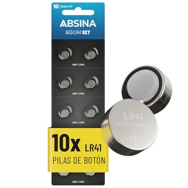 ABSINA 10x Pilas LR41 Boton AG3-1,5V, alcalina, a Prueba de Fugas y de Larga duración - LR736 / L736 / L736F / G3 / 192 / GP192 / RW87 - Pilas para termometro Digital, Pila AG3, Bateria LR41