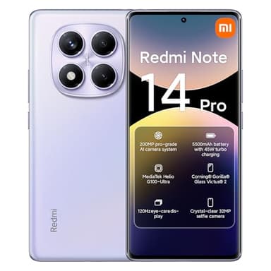 Xiaomi Redmi Note 14 Pro - Smartphone de 8+256GB, Pantalla de 6.67" AMOLED FHD+ 120Hz, MediaTek Helio G100-Ultra, cámara de 200MP, TurboCharge 45W, 5500 mAh, Cargador no Incluido, Morado (Versión ES)