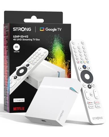 STRONG Leap-S3+V2 Streaming Smart TV Box 4K UHD – 2 GB RAM + 16 GB Memoria, HDR10+ & Dolby Vision/Atmos, WiFi 5 & BLE 5, Puerto Ethernet (RJ45), Asistente de Voz, Blanco