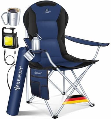 KESSER® Silla de Plegable Camping Acolchada hasta 150 kg, con Apoyabrazos y Portavasos + Bolsa con Respaldo Alto, Silla de Playa, Taburete, Azul Marino/Negro