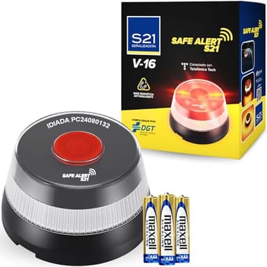 S21 Señalización Señalización Baliza V16 Luz de Emergencia para Coche Homologada DGT con Tarjeta SIM Movistar Incluida y Activada Pack V-16, Acrilonitrilo butadieno estireno (ABS), Negro, 1 Unidad