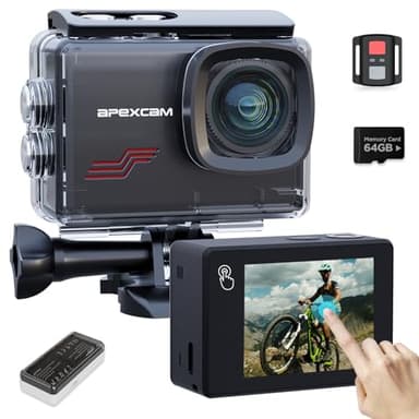 Apexcam Nueva M80PRO Cámara Deportiva Pantalla táctile EIS con 64G Tarjeta 4K 64MP Cámara de Acción Cámara Subacuática Impermeable 40M con 8X Zoom y 2 * 1350 Baterías Kit Accesorios