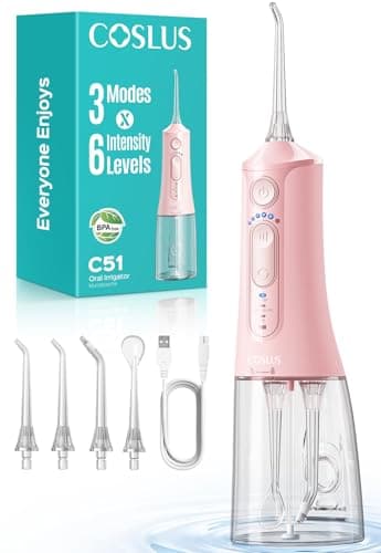 COSLUS Irrigador Dental Bucal Portatil: 3 Modos y 18 Presión Ajustable - 300ml IPX7 Irrigador Bucal Inalámbrico para Ortodoncia/Encías Sensibles -Limpieza Dientes de Hogar Viaje con 4 Boquillas - Rosa