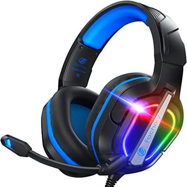 Fachixy FC200 Cascos Gaming para PS5, PS4, PC, Xbox One, Switch, Auriculares Gaming Cancelación de Ruido, Cascos con Microfono Estéreo Sonido, Cascos para PS5 con 3.5mm Jack con Luz RGB (Azul)