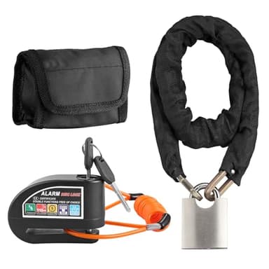 Justech Candado Moto Disco con 2 Modos de Alarma 110 DB+Candado de Cadena para Moto con Cable de Recordatorio y Bolsa de Transporte, Antirrobo Moto Impermeable de Alta Seguridad para Motos,Bicicletas