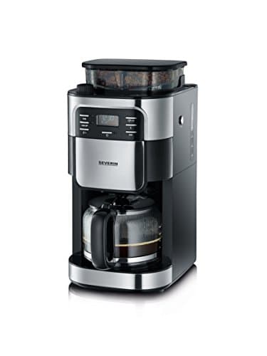 SEVERIN - Cafetera de goteo con molinillo para 10 tazas, Cafetera de filtro / Cafetera americana con jarra de cristal de 1l, pantalla LED con temporizador, Acero inoxidable / Negro, KA 4810