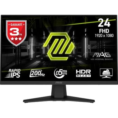 MSI mag 244F, 24",FHD,1920x1080 - Monitor Gaming, 200Hz, 0.5ms, HDR Ready, AMD FreeSync Premium, Eye Care, AI Vision, HDMI 2.0b, DP 1.2a, Sin Marco, Inclinación Ajustable, Soporte Vesa, Negro