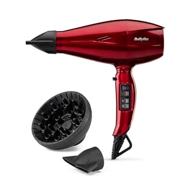 BaByliss Secador de Pelo Digital Pro con Difusor - Secador Profesional 2200W, Iónico, Secado ultrarrápido, Fabricado en Italia, 2 ajustes de Calor y 2 velocidades, Botón Turbo, Aire frío, Rojo, 6001DE