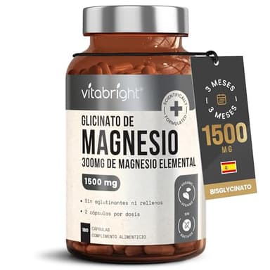 Glicinato de Magnesio Capsulas | 300mg Mg Elemental - 1500 mg Magnesio Bisglicinato Quelado | 180 Cápsulas (No Pastillas, No En Polvo) | 3 Meses | Vegan | Para Dormir | VitaBright Magnesium Glycinate