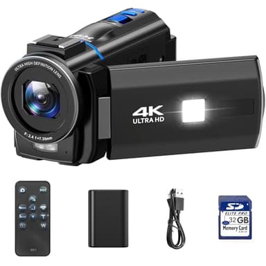 Cámara de vídeo 4K Videocamara con Zoom Digital 16X visión Nocturna, Webcam, Pantalla táctil giratoria de 3" y 270°, Camcorder Video Camera vlog con Tarjeta SD de 32 GB, Remoto, luz de Relleno