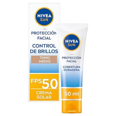 NIVEA SUN - Protección Solar Facial FP50 Control de Brillos - Efecto Matificante Inmediato 12 h - Textura Ligera y no grasa - Crema Facial Solar UVA/UVB - Piel Normal y Mixta - Tono medio - 50 ml