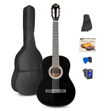 MAX SoloArt Guitarra clasica con cuerdas de nailon para Principiantes Adultos - guitarra flamenca con Funda, Afinador, Púa, Correa y Accesorios - Guitarra Española 4/4 en color negro