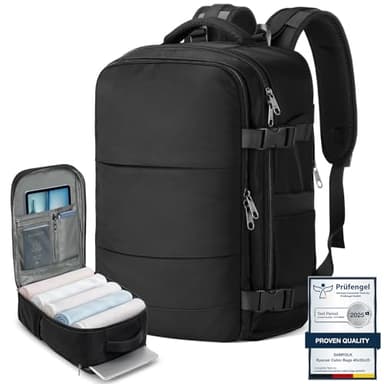 Samfolk Mochila viaje Cabina avion 40x20x25 Mochila viaje 12 Bolsillos Mochilas de viaje para avion de Separado para Zapatos Bolsa de Mano, 20L (Negro, 40x20x25)