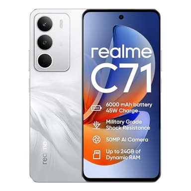 realme C71 4G Smartphone,6+128GB,Batería 6000 mAh,Carga 45W,Cámara AI de 50MP,RAM dinámica de 24 GB,120 Hz,Resistencia a Impactos de Nivel Militar,Resistencia al Agua a Diario,Blanco(Sin Adaptador)