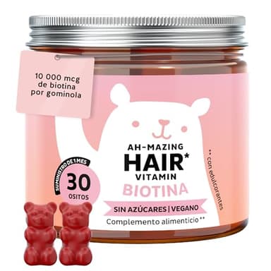 Gominolas Biotina Ah-mazing Hair Vitamin – Para el cabello, uñas y piel - 10.000 µg de Biotina, Zinc, Vitaminas B6, C, E e Yodo – 30 Unidades (1 mes), Vegana, Sin Azúcar, Bears with Benefits